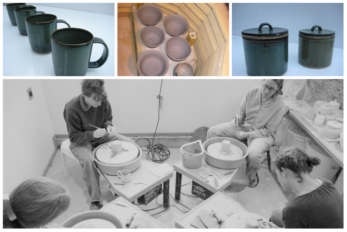 A collage of photos of pottery and a person sitting at a pottery wheel